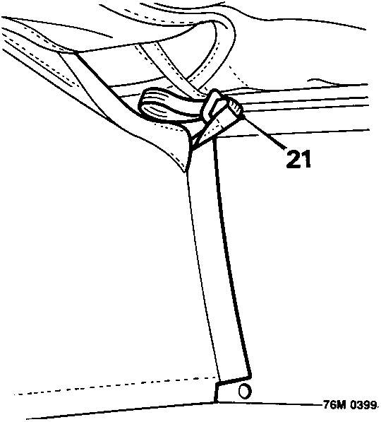 Diagram showing release of straps at rear of headlining from hooks in lower rail of backlight, callout 21.