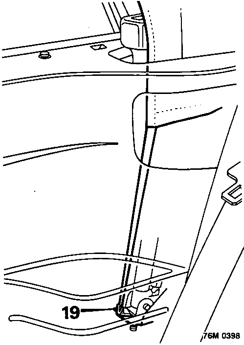 Diagram showing disengagement of headlining strap from base of hood strut, callout 19.