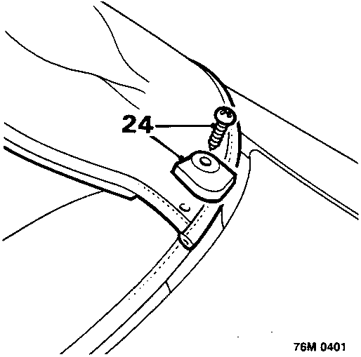 Diagram showing removal of screws for hood rear quarter corner finishers, callout 24.