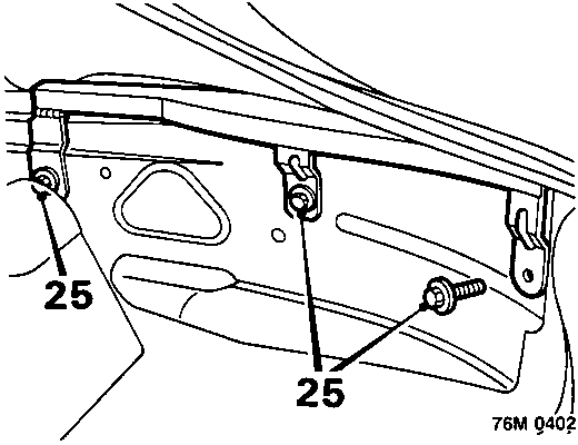 Diagram showing location of two screws labeled 25 securing the hood rear quarter bracket to the vehicle body frame.