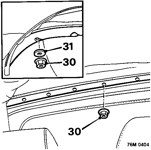 Diagram showing nuts labeled 30 securing the clamp rail to the hood outer covering, and washers labeled 31 located on the outboard clamp rail studs.