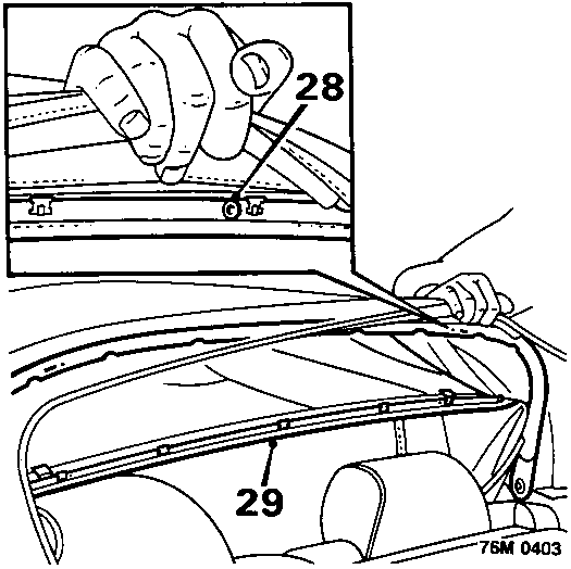 Diagram showing a hand using a drill to remove pop rivets labeled 28 from the headlining retainer rail, which is attached to the hood frame. The rail itself is labeled 29.