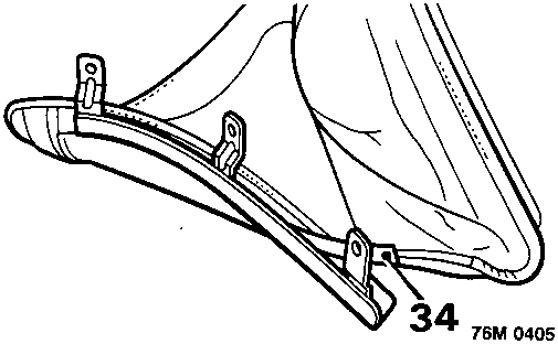 Diagram showing the rear quarter brackets labeled 34 being removed from the adhesive on the outer covering of the hood.