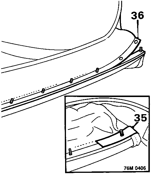 Diagram showing tapes labeled 35 securing outer covering seams to the clamp rail, and the clamp rail labeled 36 being released from the adhesive on the outer covering.