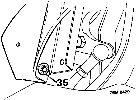 Diagram showing the positioning of hood rear quarter rivet plates in D post brackets, with callout number 35 pointing to a rivet plate and washer assembly.