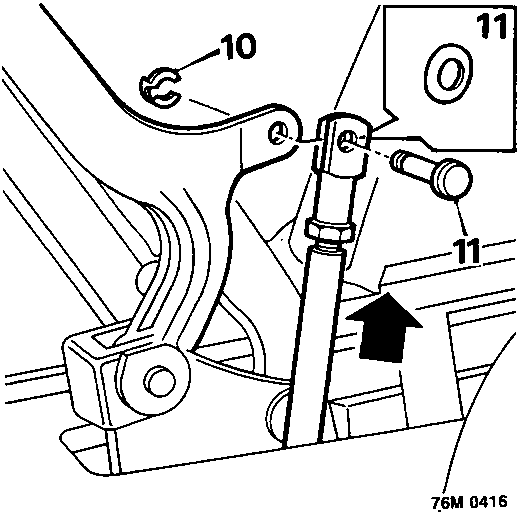 Diagram showing removal of retaining clips and clevis pins from hood strut trunnions