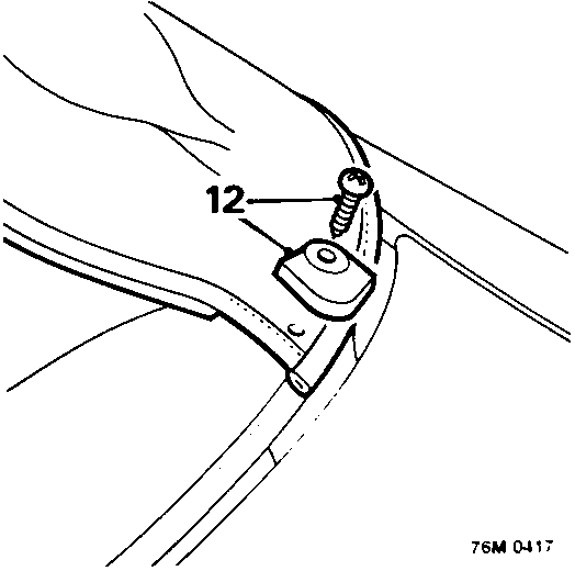 Diagram showing rear quarter corner finisher secured by screw (12) and bracket (76M 0417)