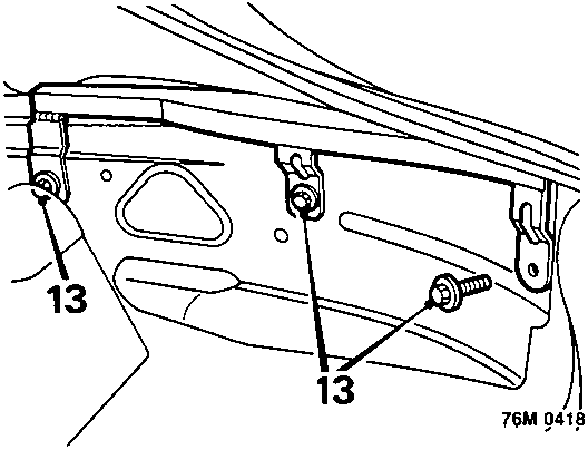 Diagram showing hood rear quarter bracket secured by screws (13) (76M 0418)