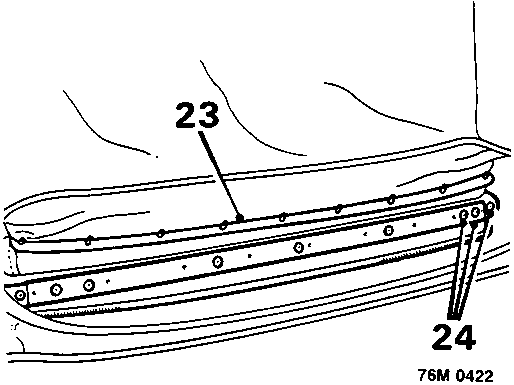 Diagram showing pop rivets (23) securing backlight zip and release of hood interlayer (24) (76M 0422)