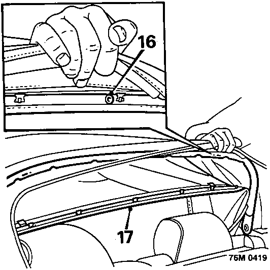 Diagram showing pop rivets (16) securing headlining retainer to hood frame and release of headlining retainer rail (17) (76M 0419)