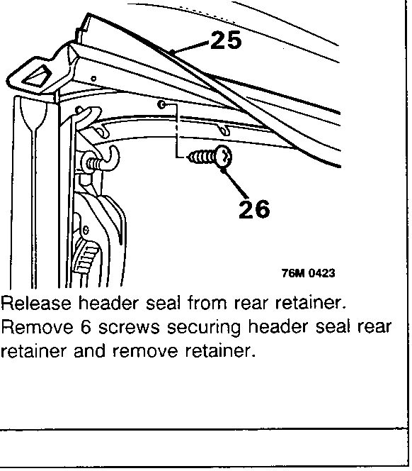 Diagram showing header seal (25) and screws (26) securing header seal rear retainer (76M 0423)