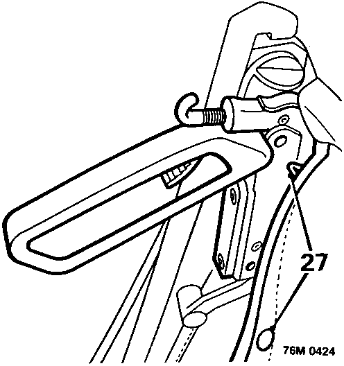Diagram showing release of trim studs securing headlining to hood handles, callout 27