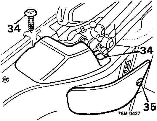 Diagram showing screw and fastener on hood hinge cover and turnbuckles on hood ram inspection covers, callouts 34, 35