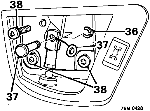 Diagram showing retaining clip, clevis pins, and Belville washers on trunnions, callouts 36, 37, 38