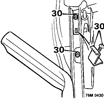 Diagram showing screws securing header rail to hood frame and cantrail seal clamps, callouts 30