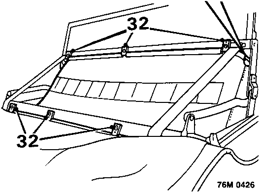 Diagram showing pop rivets securing headlining to hood frame, callouts 32
