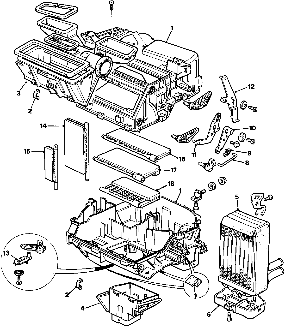 Exploded view diagram of the heater unit showing case, matrix, ducts, flaps, levers and links with numbered callouts 1 through 18