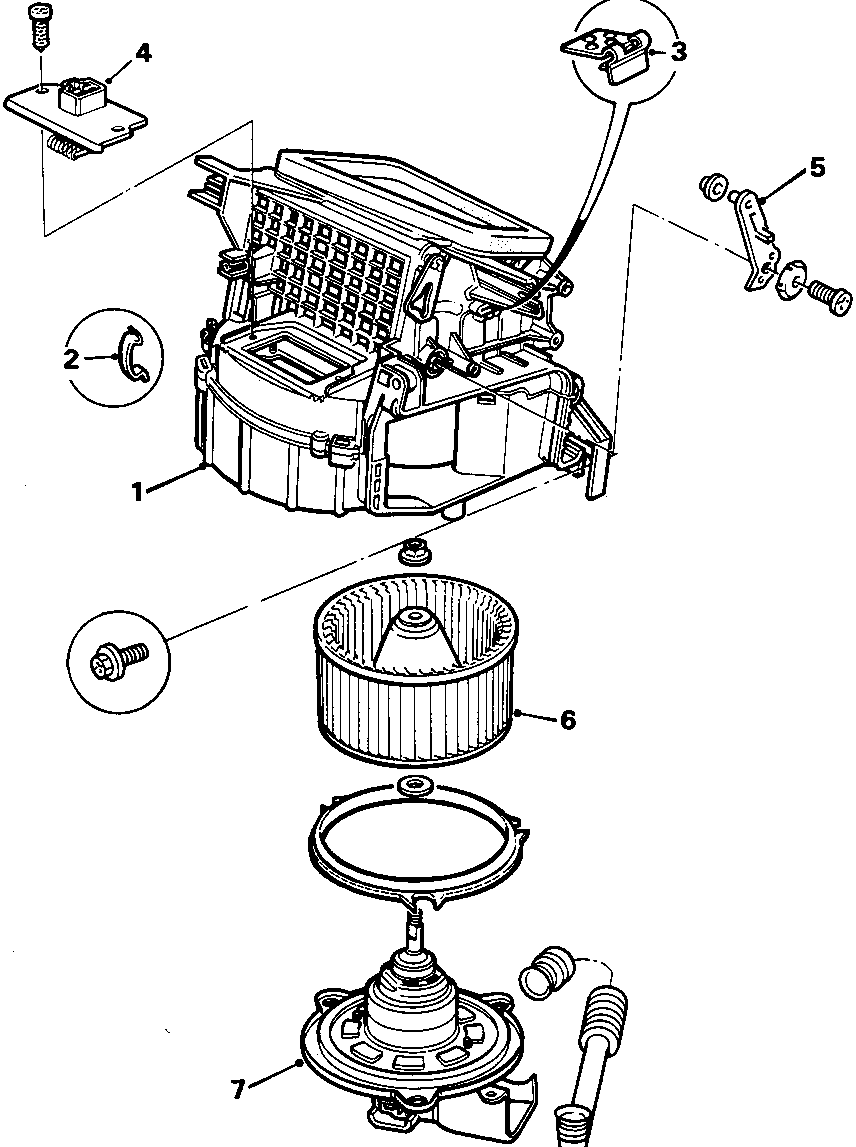Exploded view diagram of the blower unit showing the air box, resistor unit, fan, and fan motor with numbered callouts 1 through 7.
