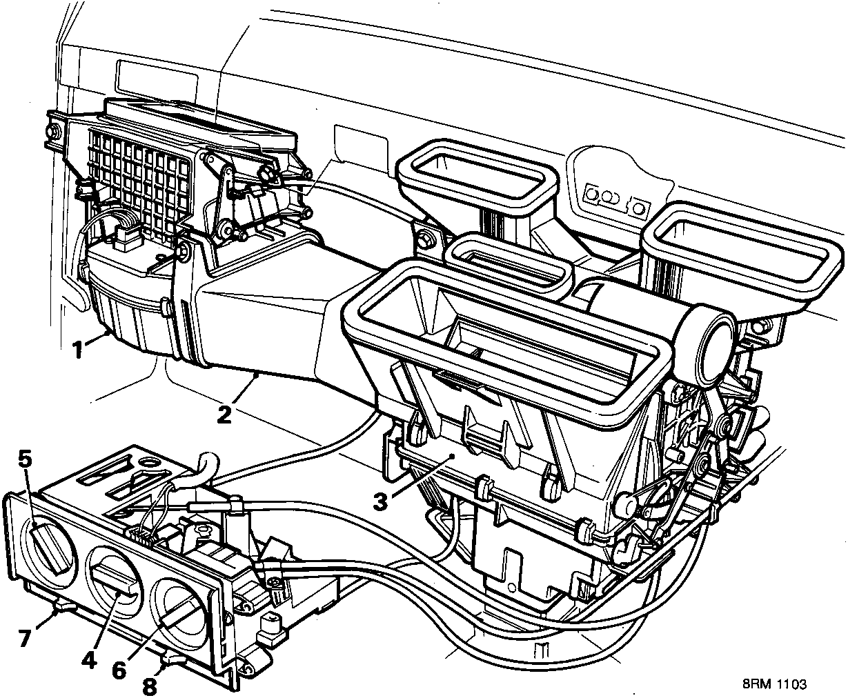 Diagram of the heating and ventilation system showing blower unit, heater duct, heater unit, temperature control, distribution control, blower switch, air supply control, and ambient air control.