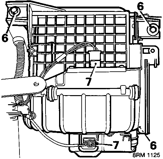 Diagram of the blower assembly with callout numbers 6 and 7 indicating bolts and multiplug connections