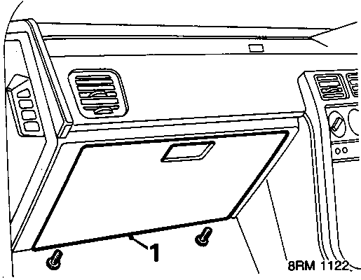 Diagram showing the glove box lid with a callout number 1 pointing to its securing points
