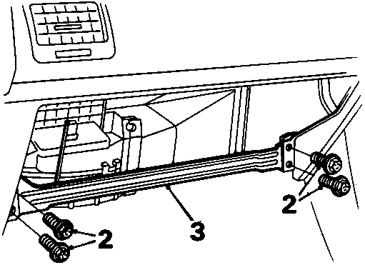 Diagram showing the glove box rail area with callout numbers 2 and 3 indicating bolts and the rail itself