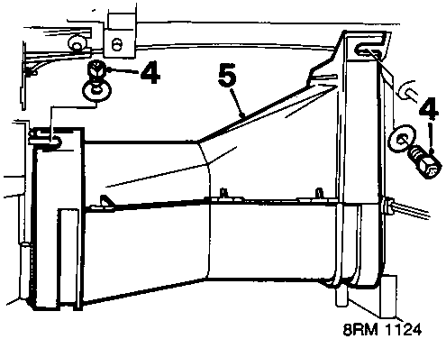 Diagram of the heater duct assembly with callout numbers 4 and 5 indicating bolts and the duct