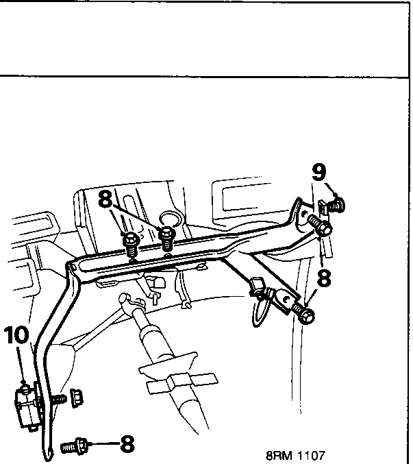 Diagram showing steering column bracket and R.H. heater duct with callout numbers 8, 9, and 10