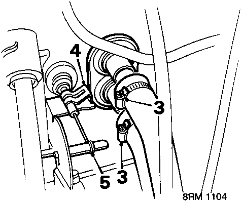 Diagram showing heater hose clips and valve cable connections with callout numbers 3, 4, and 5