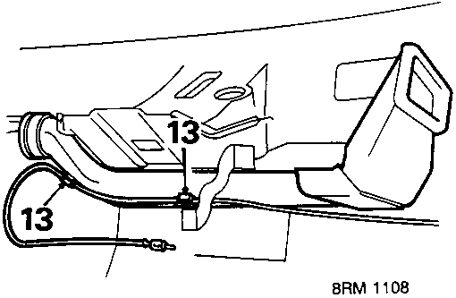 Diagram showing radio aerial clipped to R.H. heater duct with callout number 13