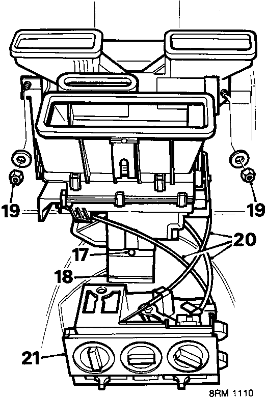 Diagram of heater assembly showing numbered callouts 17, 18, 19, 20, and 21 pointing to various components including ducts, control panel, and cables.