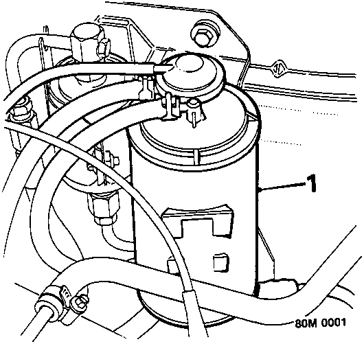 Diagram showing charcoal canister and heater valve area with callout number 1