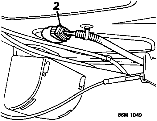 Diagram showing the demister blower fly-lead multiplug connection on the underside of the rear shelf, callout 2.