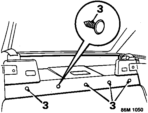 Diagram showing the fixing studs on the forward edge of the rear shelf trim, callouts 3.