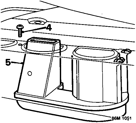 Diagram showing the rear shelf trim lifted to reveal the blower assembly securing screw (callout 4) and the demister blower assembly (callout 5).