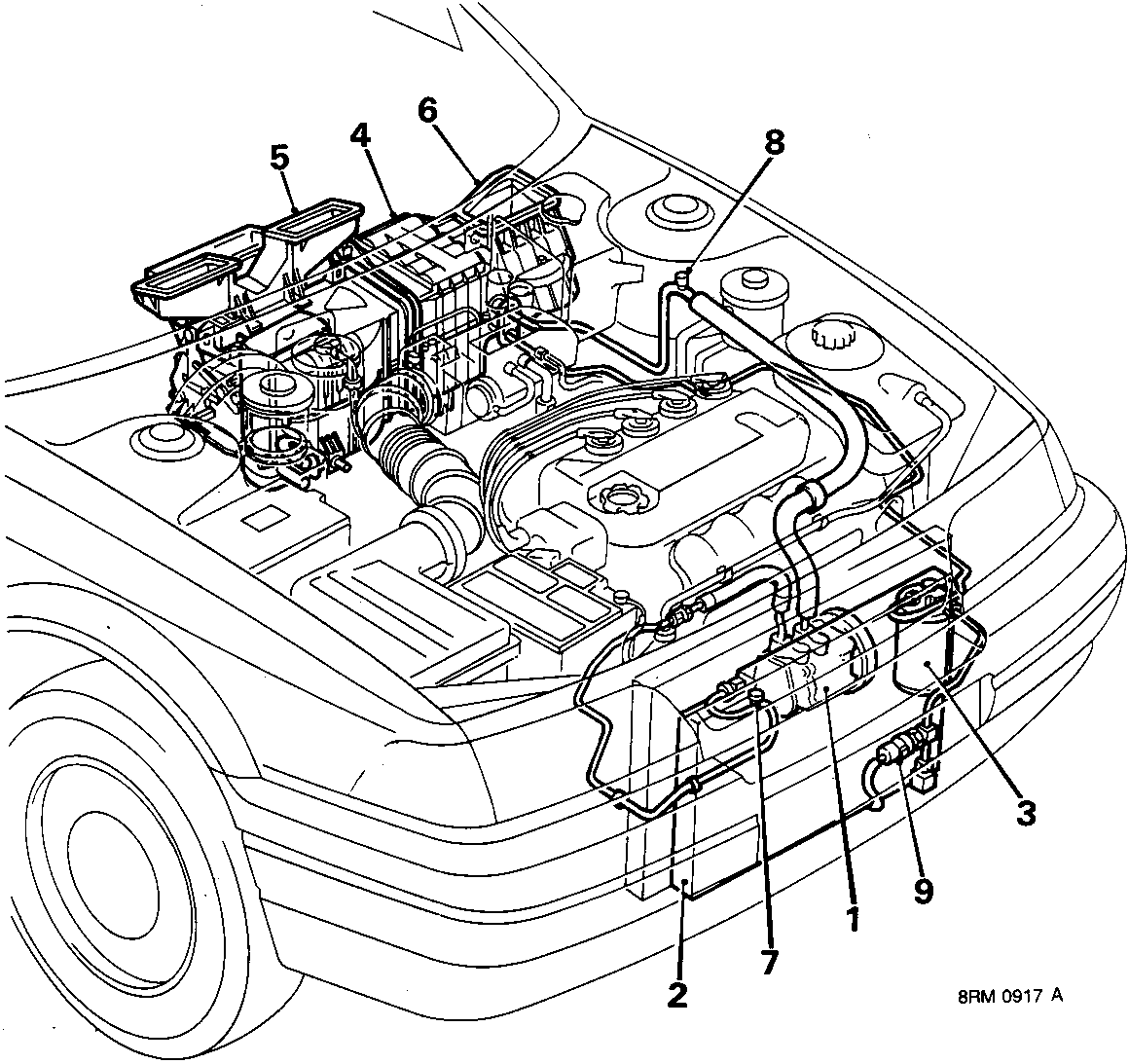 Diagram of the air conditioning system components located in the engine compartment