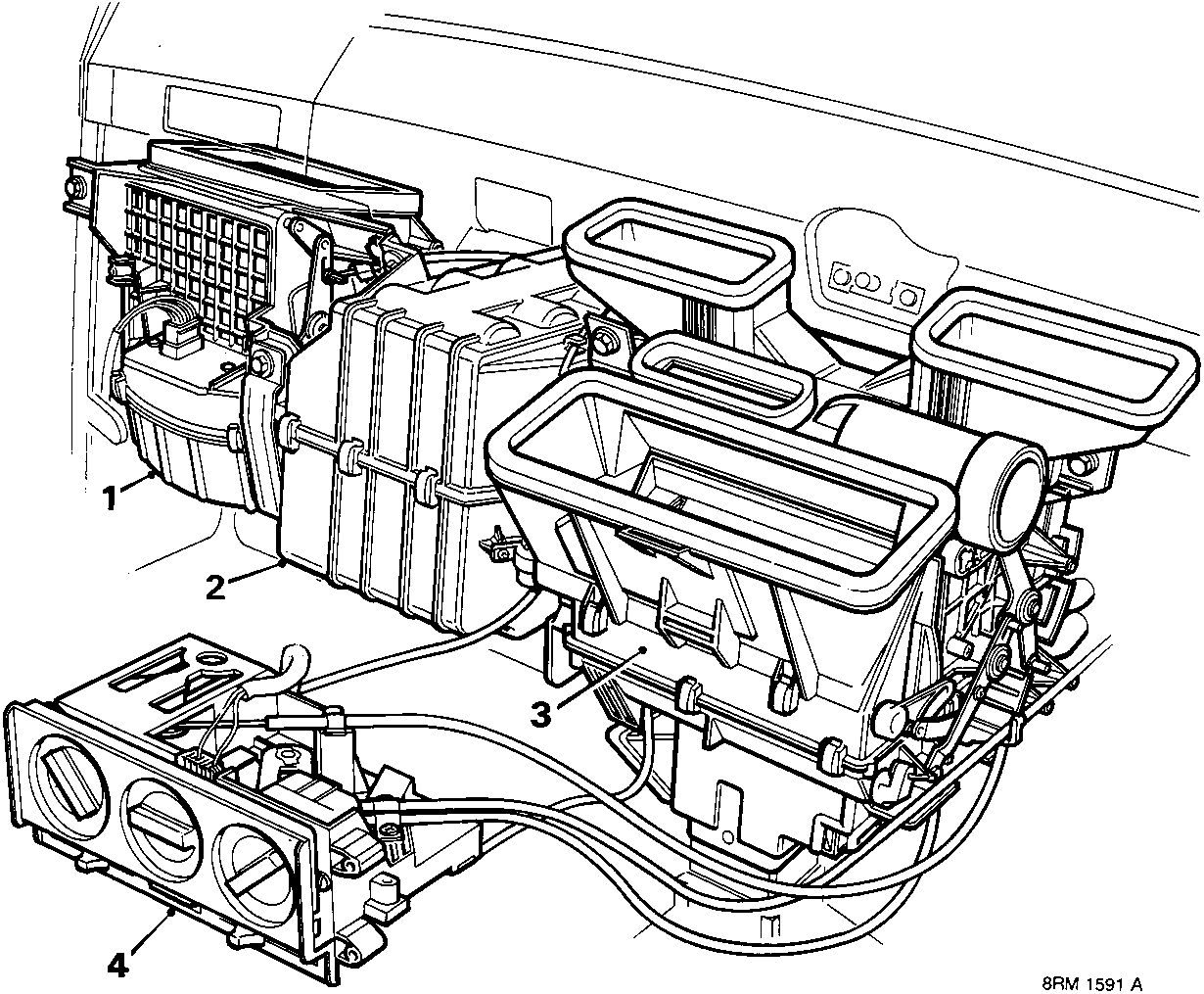 Diagram showing the interior air conditioning components including blower unit, evaporator unit, heater and distributor unit, and control panel