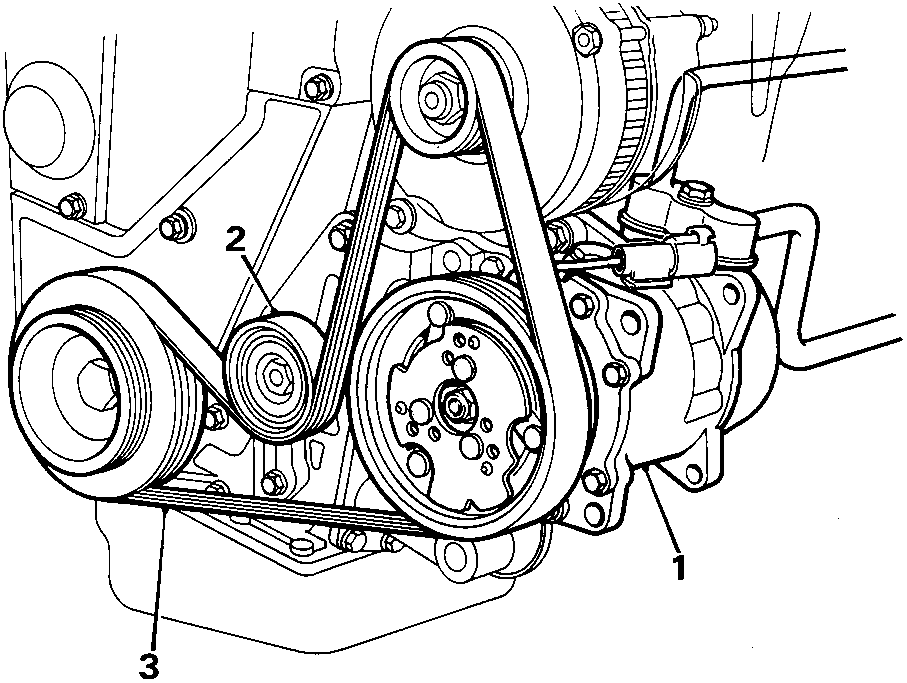 Diagram of compressor components on a 1.4 engine showing the compressor, tensioner pulley, drive belt, high pressure line, and low pressure line with callout numbers 1 through 3 visible.