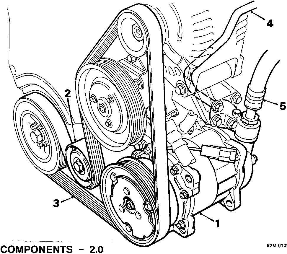 Line drawing of the compressor assembly showing the drive belt, tensioner pulley, compressor unit, and high/low pressure lines connected to the engine block.