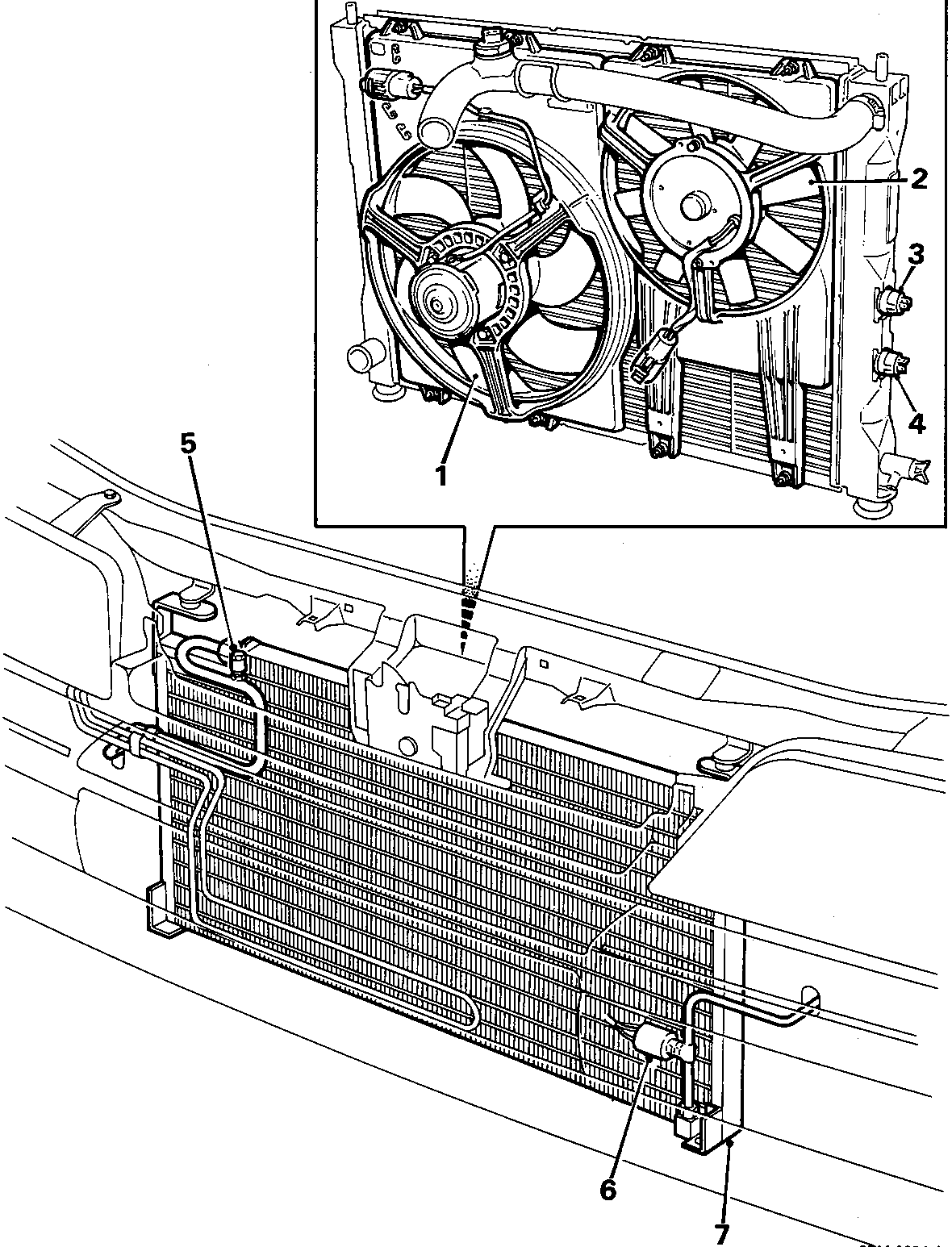 Diagram of condenser components for 1.4 engine showing cooling fan, condenser fan, temperature switches, and servicing point