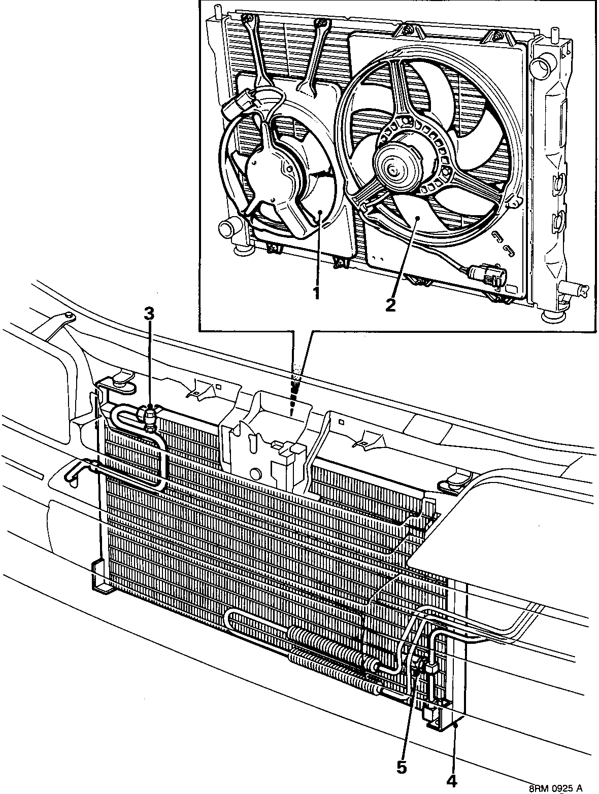 Technical diagram showing condenser components including fans, servicing point, condenser, and dual pressure switch.