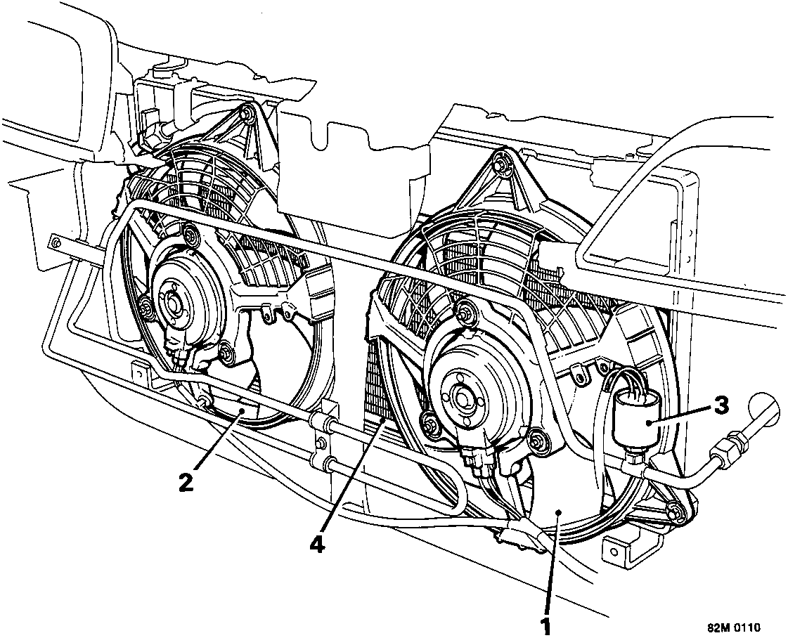 Diagram showing condenser components for the 2.0 engine, including cooling fan, condenser fan, trinary switch, and condenser with callout numbers 1 through 4.
