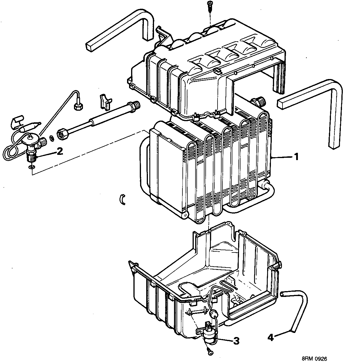 Exploded view diagram of the evaporator assembly showing the evaporator, thermostatic expansion valve, thermistor, and drain tube with callout numbers 1 through 4.