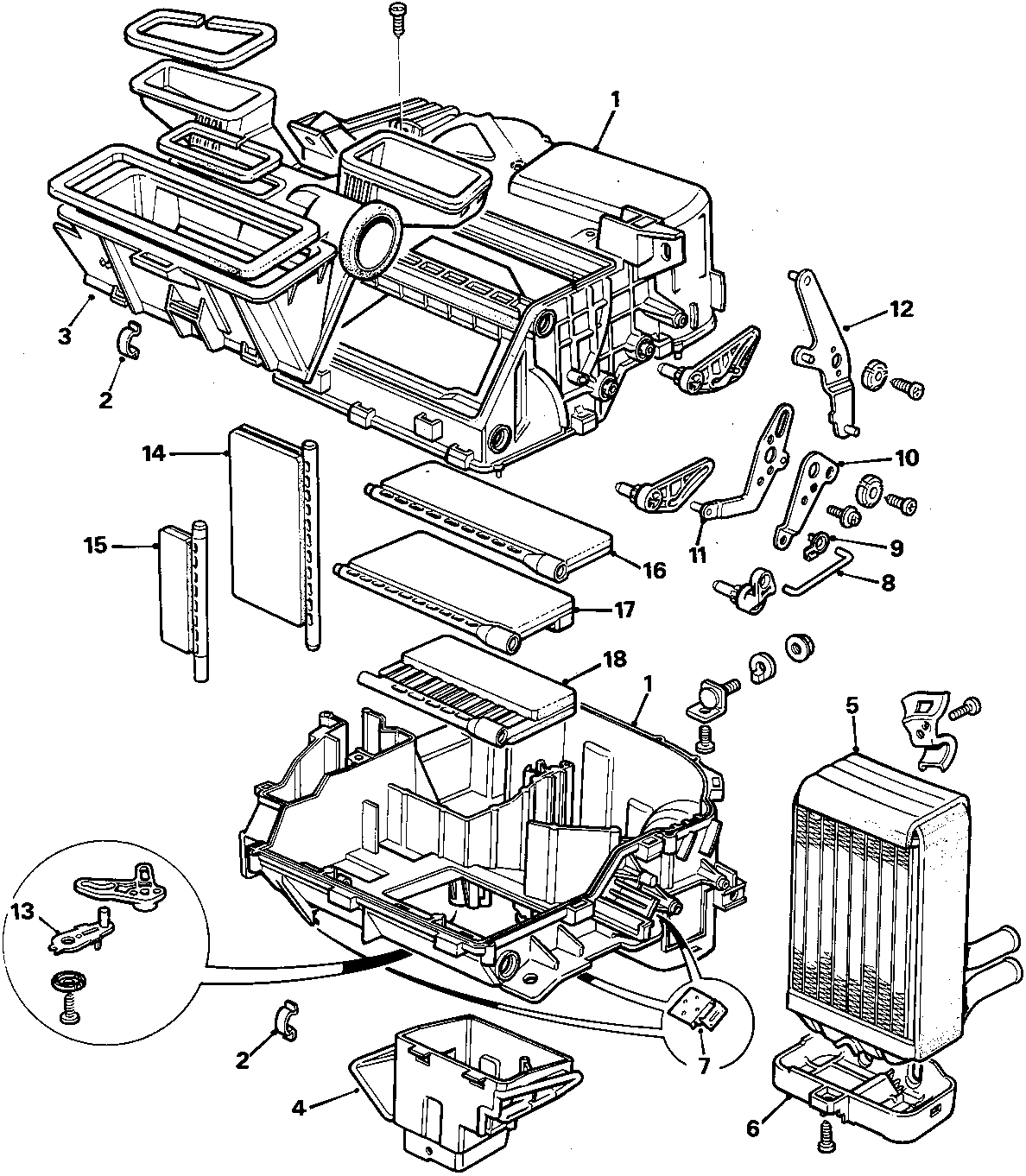 Exploded view diagram of the heater distribution and blend unit components showing the heater case, matrix, ducts, flap levers, links, and distribution flaps with numbered callouts 1 through 18.
