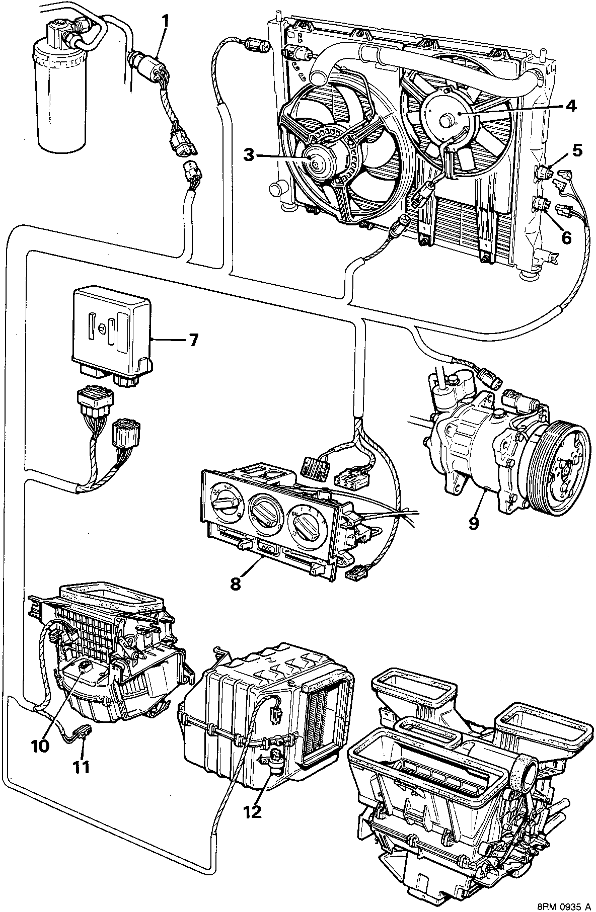 Diagram of the air conditioning system components including accumulator, fans, condenser, control panel, compressor, and evaporator housing.