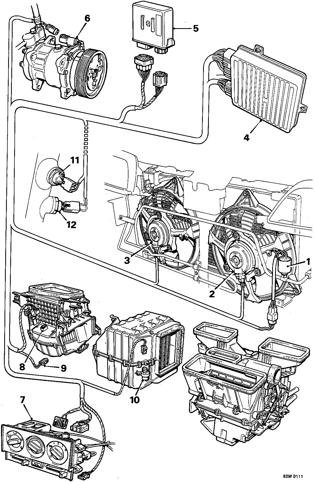 Diagram of the air conditioning system components including compressor, condenser, evaporator, fans, and control panel, with numbered callouts 1 through 12.