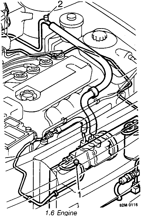 Diagram of high and low pressure servicing connections on 1.6 Engine