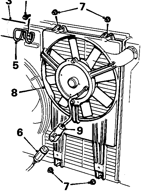 Diagram showing condenser fan motor assembly with callout numbers 3 through 9