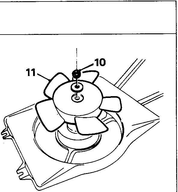 Diagram showing removal of nut securing fan and fan from motor spindle, callouts 10 and 11