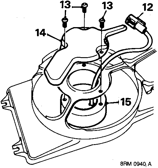 Diagram showing release of motor multiplug, removal of screws, lead cover and fan motor, callouts 12 through 15